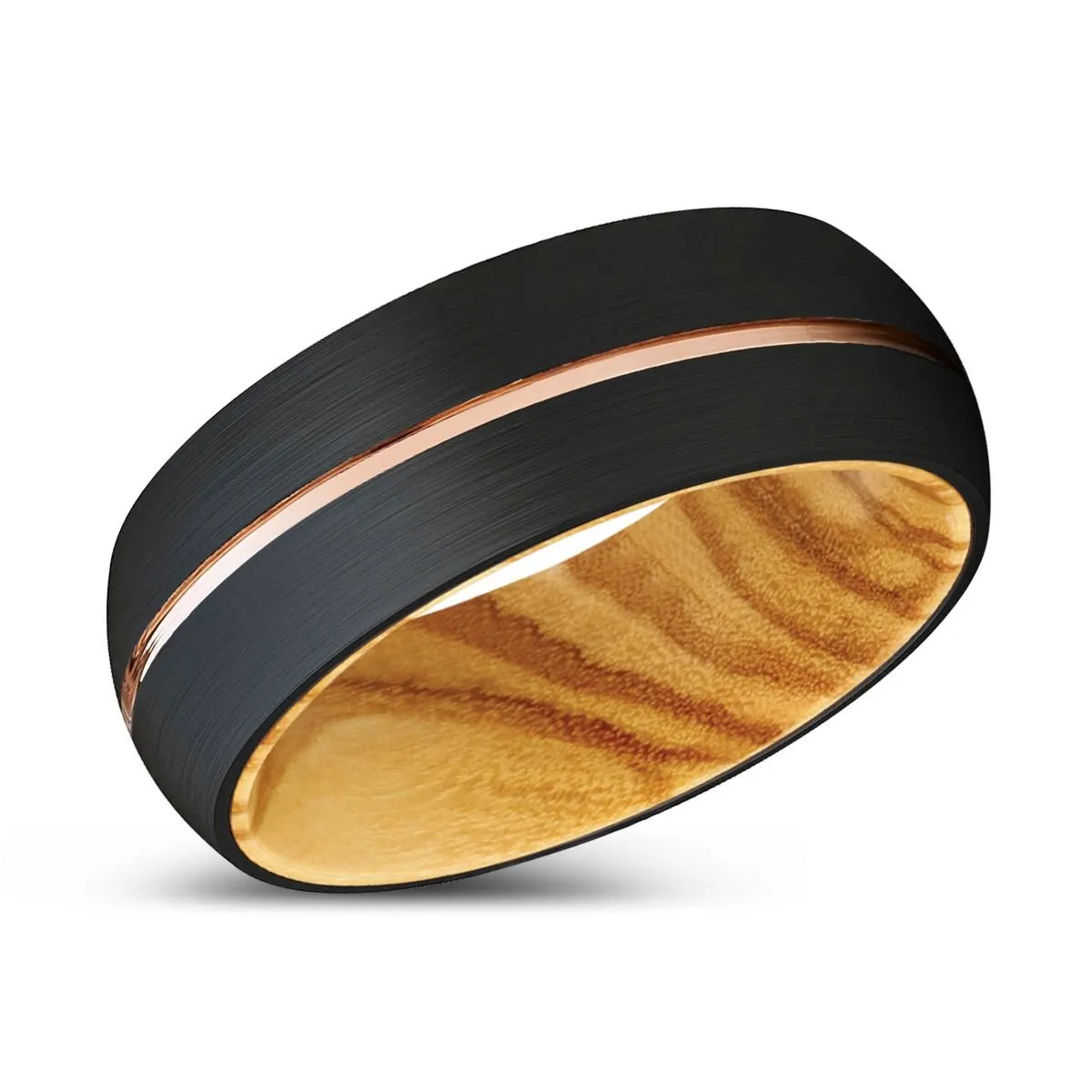 WOODS | Olive Wood, Black Tungsten Ring, Rose Gold Groove, Domed