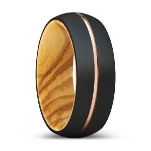 WOODS | Olive Wood, Black Tungsten Ring, Rose Gold Groove, Domed