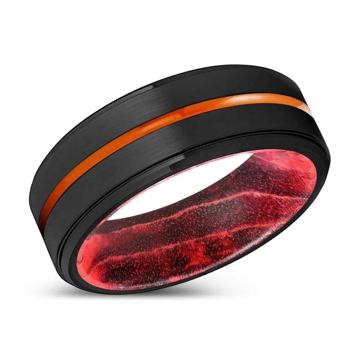 YONKERS | Black & Red Wood, Black Tungsten Ring, Orange Groove, Stepped Edge